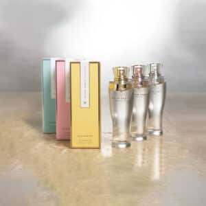 Victoria's Secret Dream Angels packaging design set with fragrance boxes and bottles in pastel colors.