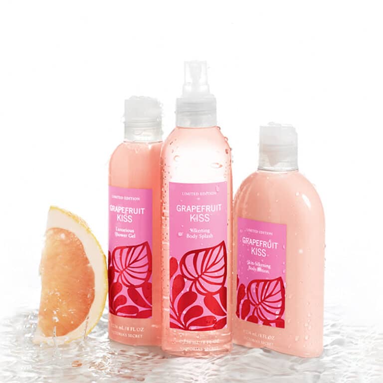 Bath and body packaging: Grapefruit Kiss line in pink and red color palette and grapefruit slice.