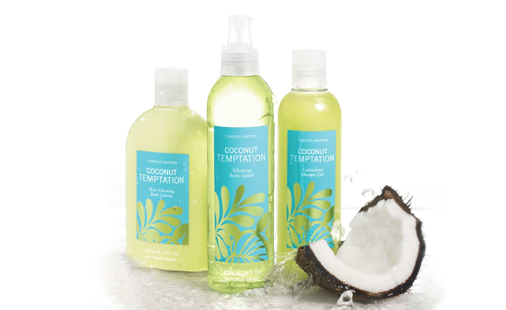 Bath and body packaging: Victoria's Secret Summer Promo packaging design for Coconut Temptation line with blues and greens with coconut slice.