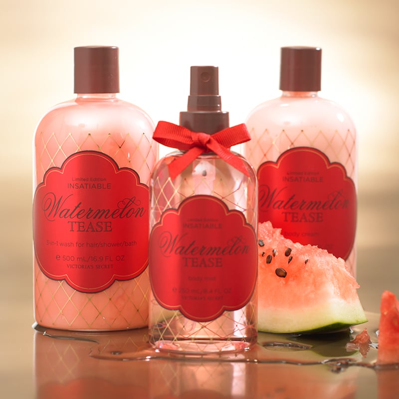 Body wash, cream, and body spray packaging for Victoria's Secret Insatiable Watermelon Tease line with fishnet stocking pattern and red label.