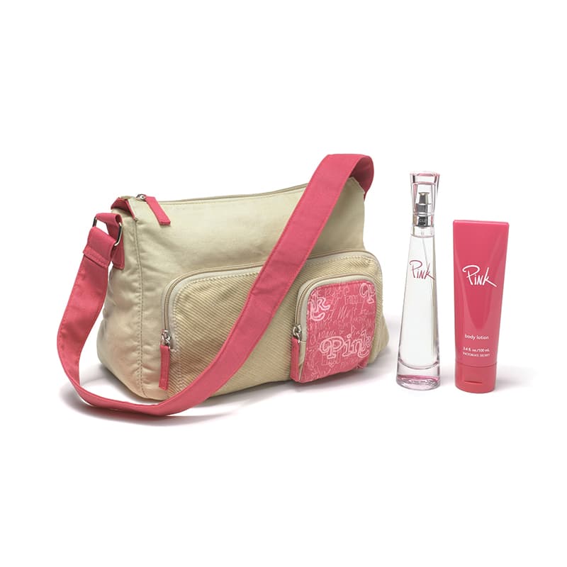 Victoria's Secret Pink perfume packaging design showcasing signature pink fragrance bottles with beige and pink handbag.
