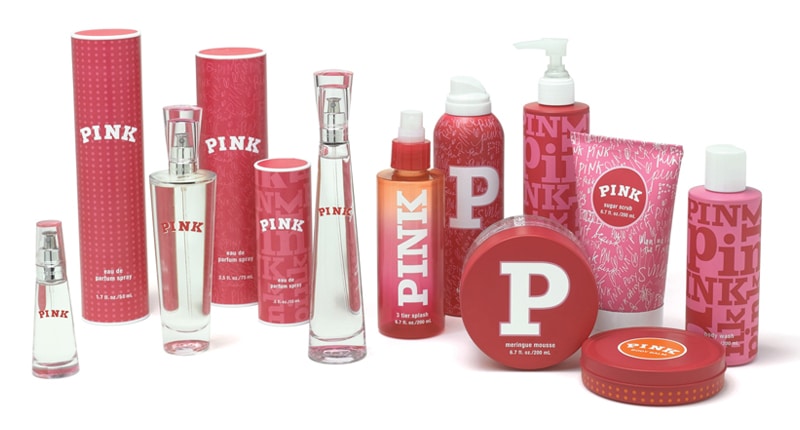 Victoria's Secret Pink perfume packaging design set with new sporty logo and signature pink bottles clustered together.