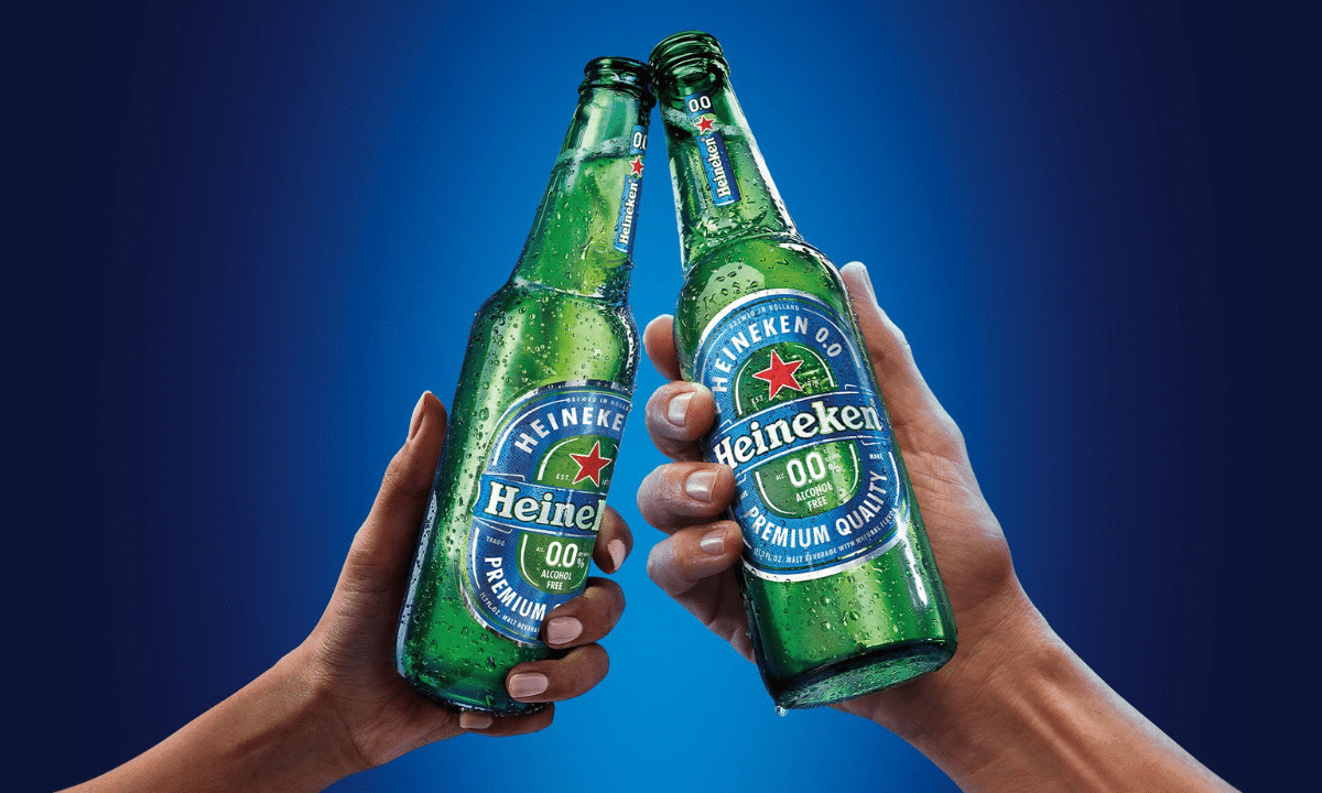 Functional beverages such as Heineken, featuring two adults cheers-ing.