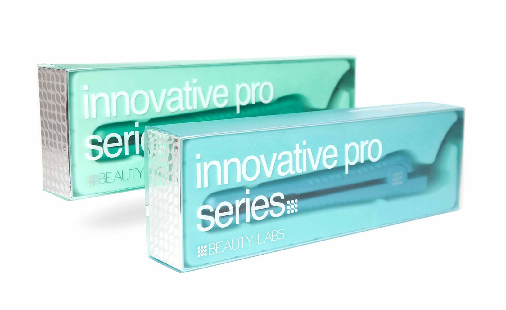 Beauty Labs minimalist packaging design including two flat irons in aqua blue and green against white backdrop.