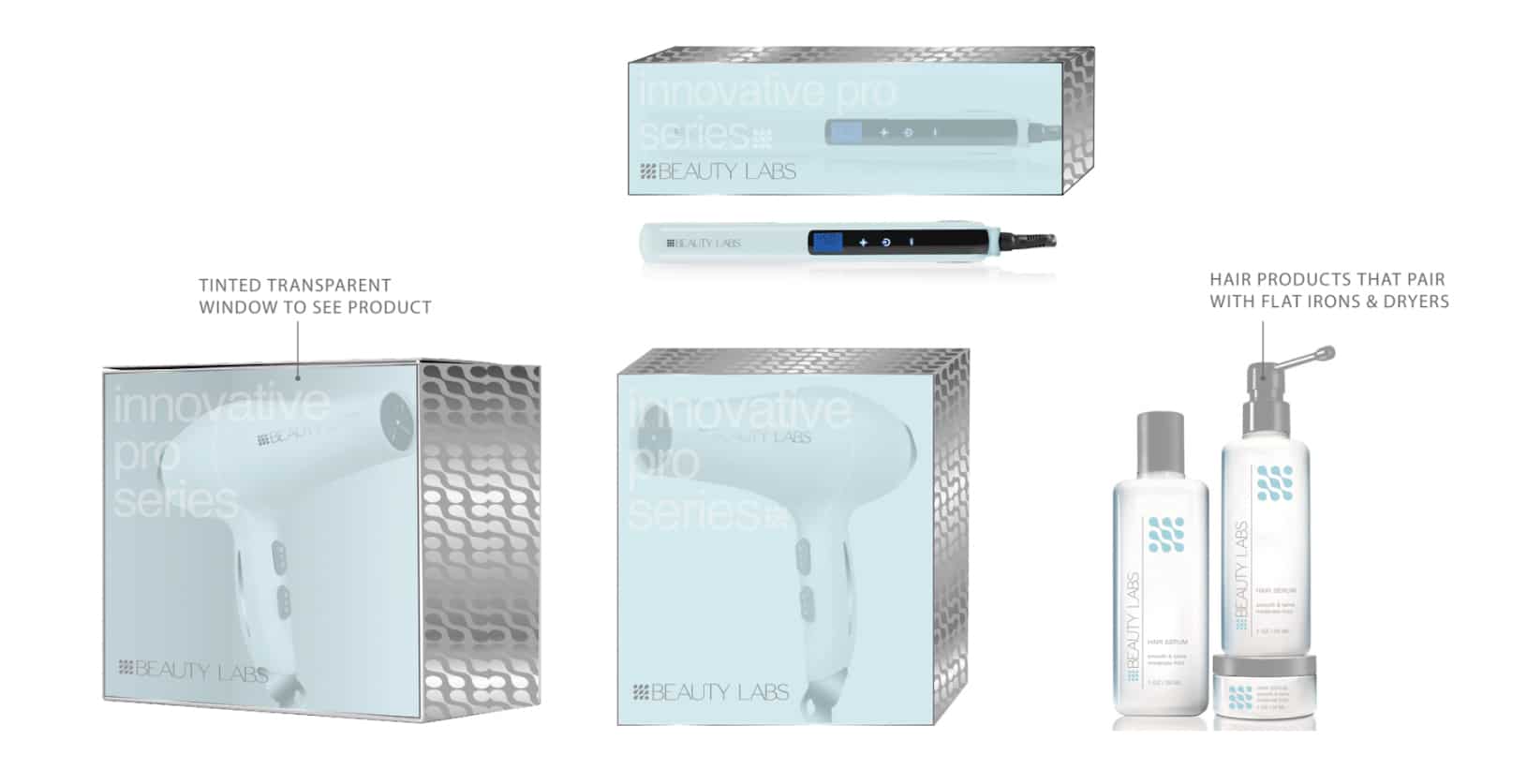 minimalist packaging design of Beauty Labs hair tools including flat iron, hair dryers, and hair products against white backdrop.