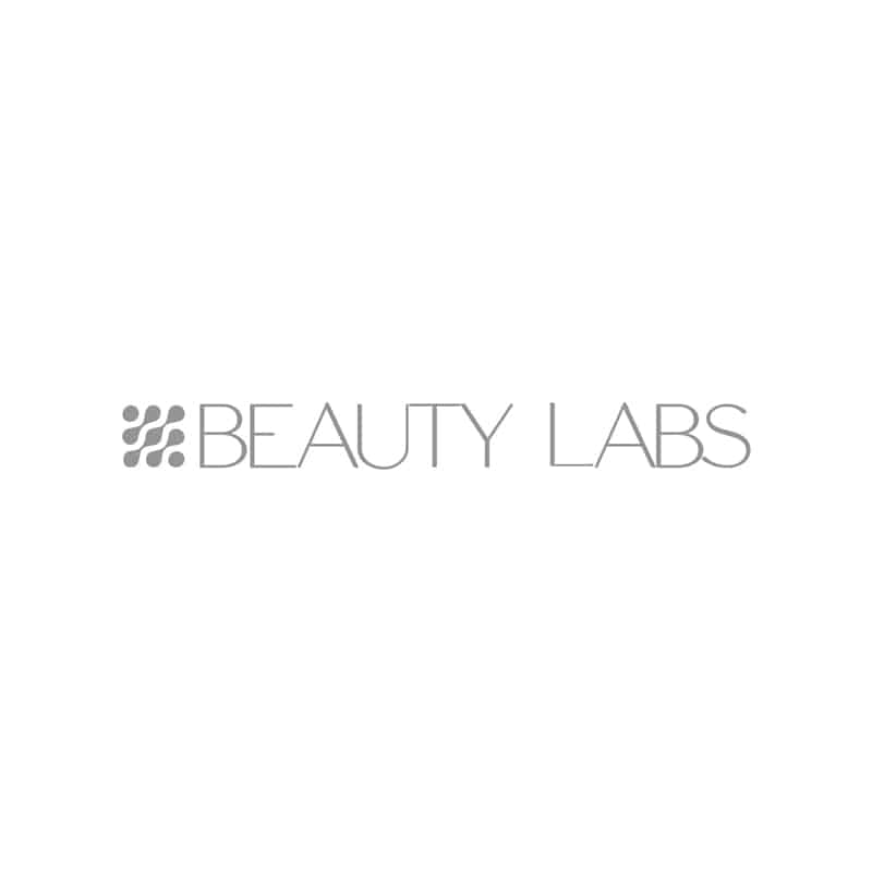 Beauty Labs logo design with high-tech, grey font and hand-drawn geometric molecule structure icon.