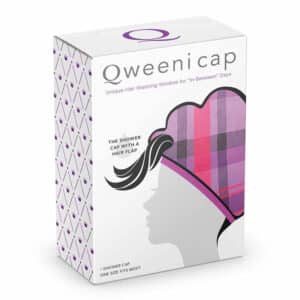 Qweeni Cap hair product packaging design with silhouette image of a woman wearing the cap, taglines, and logo on box.