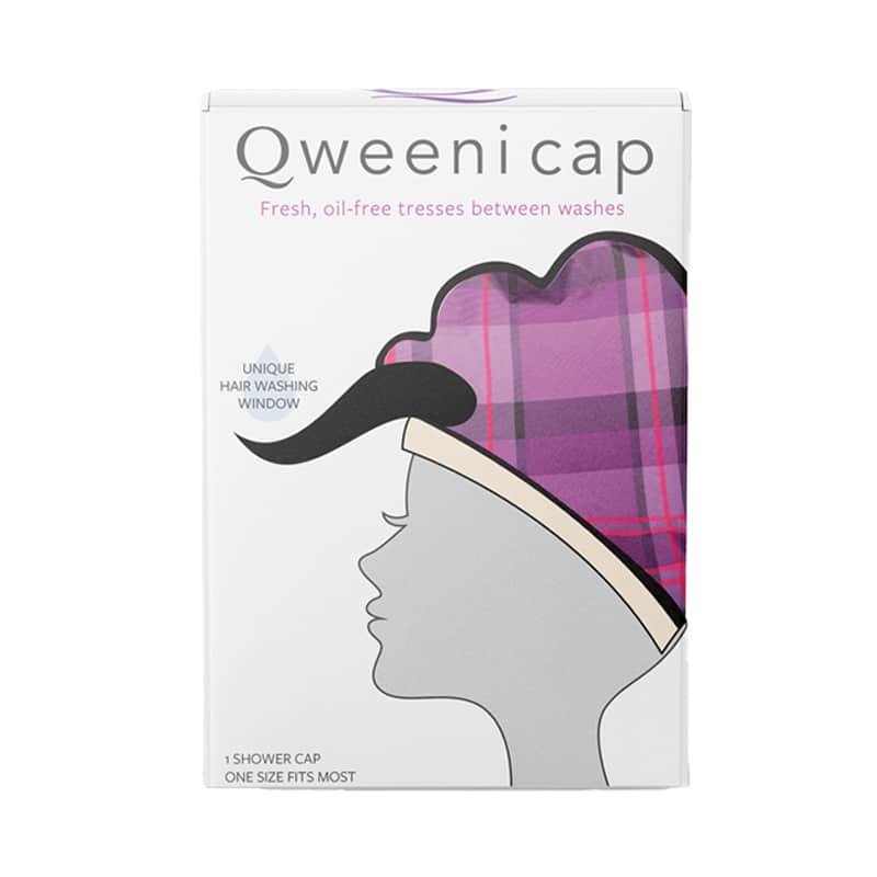 Concept hair product packaging design with silhouette image of a woman wearing the cap, taglines, and logo on box.