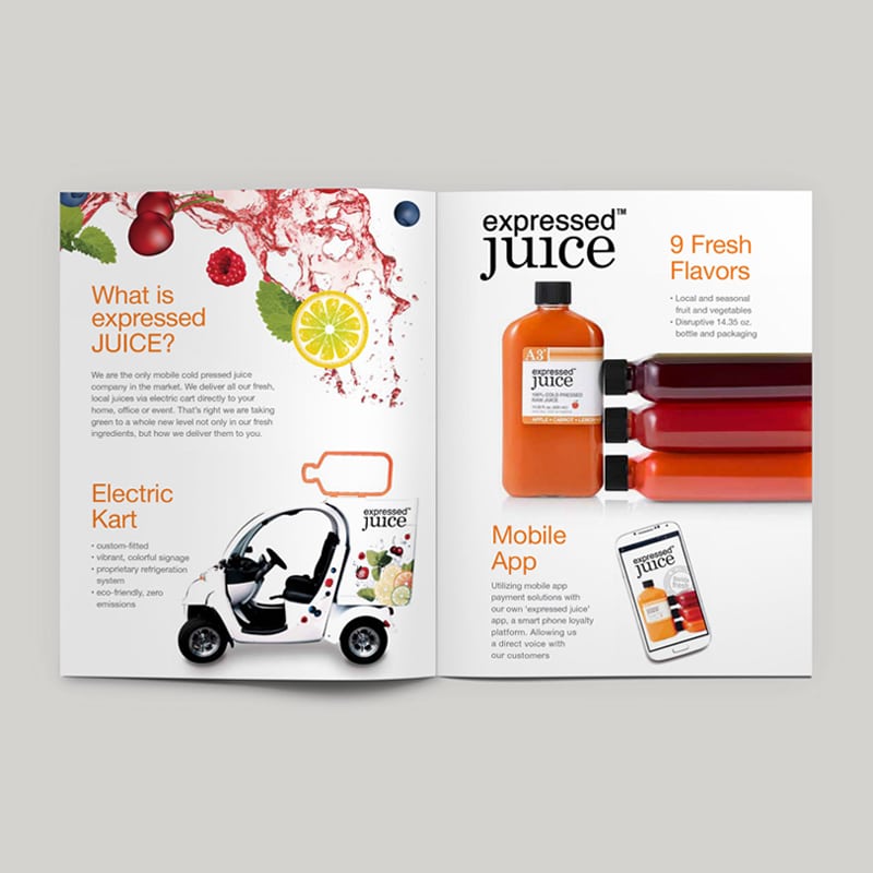 Expressed Juice brochure with various fruits, a splash of juice, vehicle graphics on white golf cart, a stack of bottles, and information about the juice.