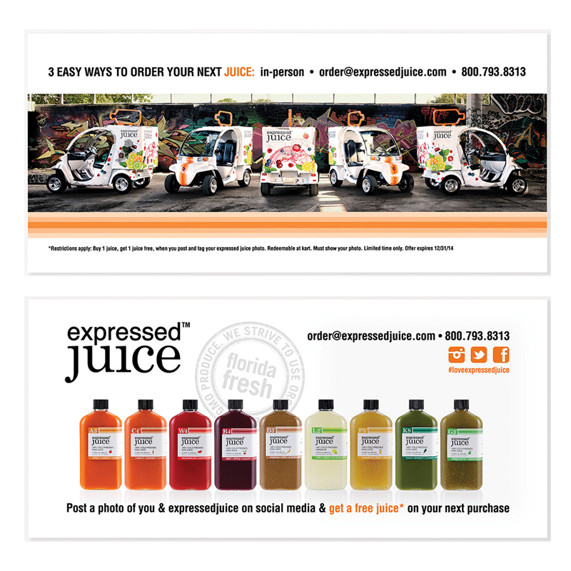 Expressed Juice postcards including vehicle graphics on white golf carts shown from various angles against a colorful graffiti wall and a row of many bottles of different colors and flavors.