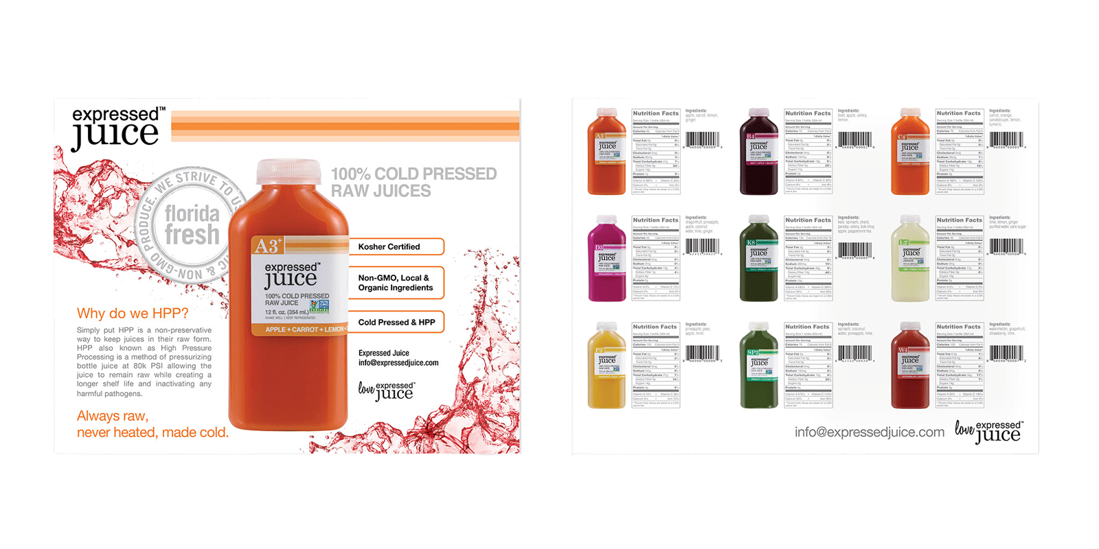 Expressed Juice sell sheets featuring a large orange bottle and a splash of juice with information about the juice on one side, and a grid of all flavors with ingredients.