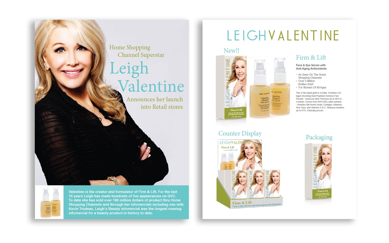 Leigh Valentine brochure including images of counter display, packaging, and the skincare product itself.
