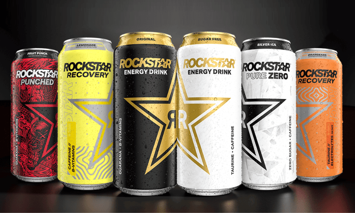 Functional energy drinks including Rockstar Energy, a distinct brand that identifies with its rock 'n' roll-inspired design.