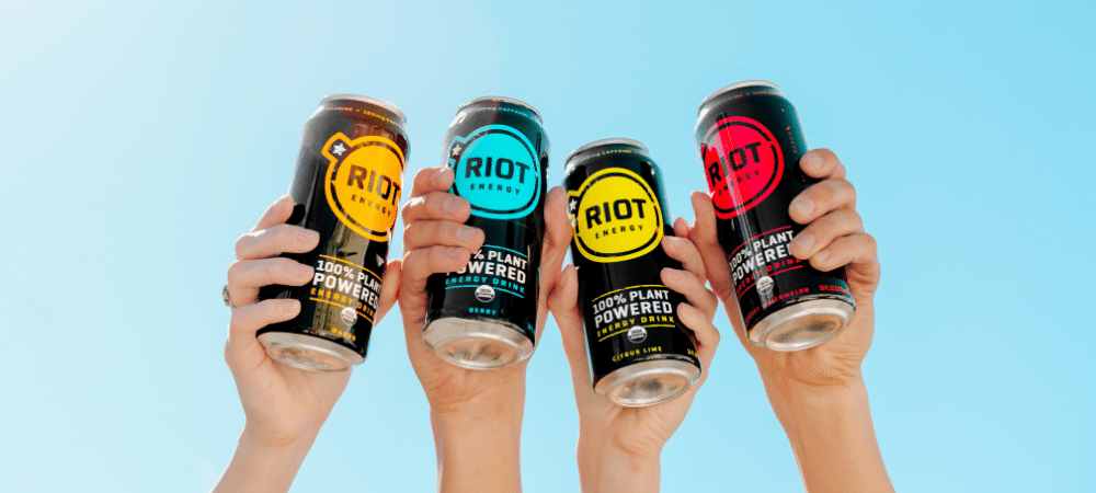 Functional energy drinks including Riot Energy, a low calorie energy drink.
