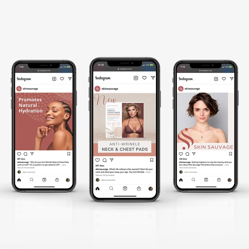 Skin Sauvage skin care packaging social media posts shown in three phone displays.