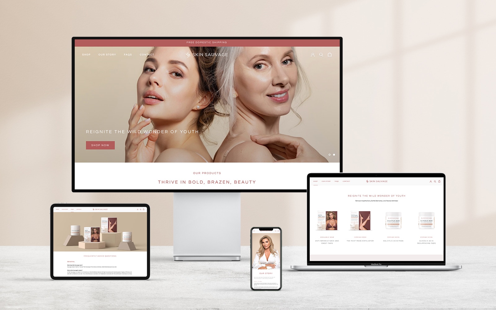 Skin Sauvage skin care packaging website designs in various devices.