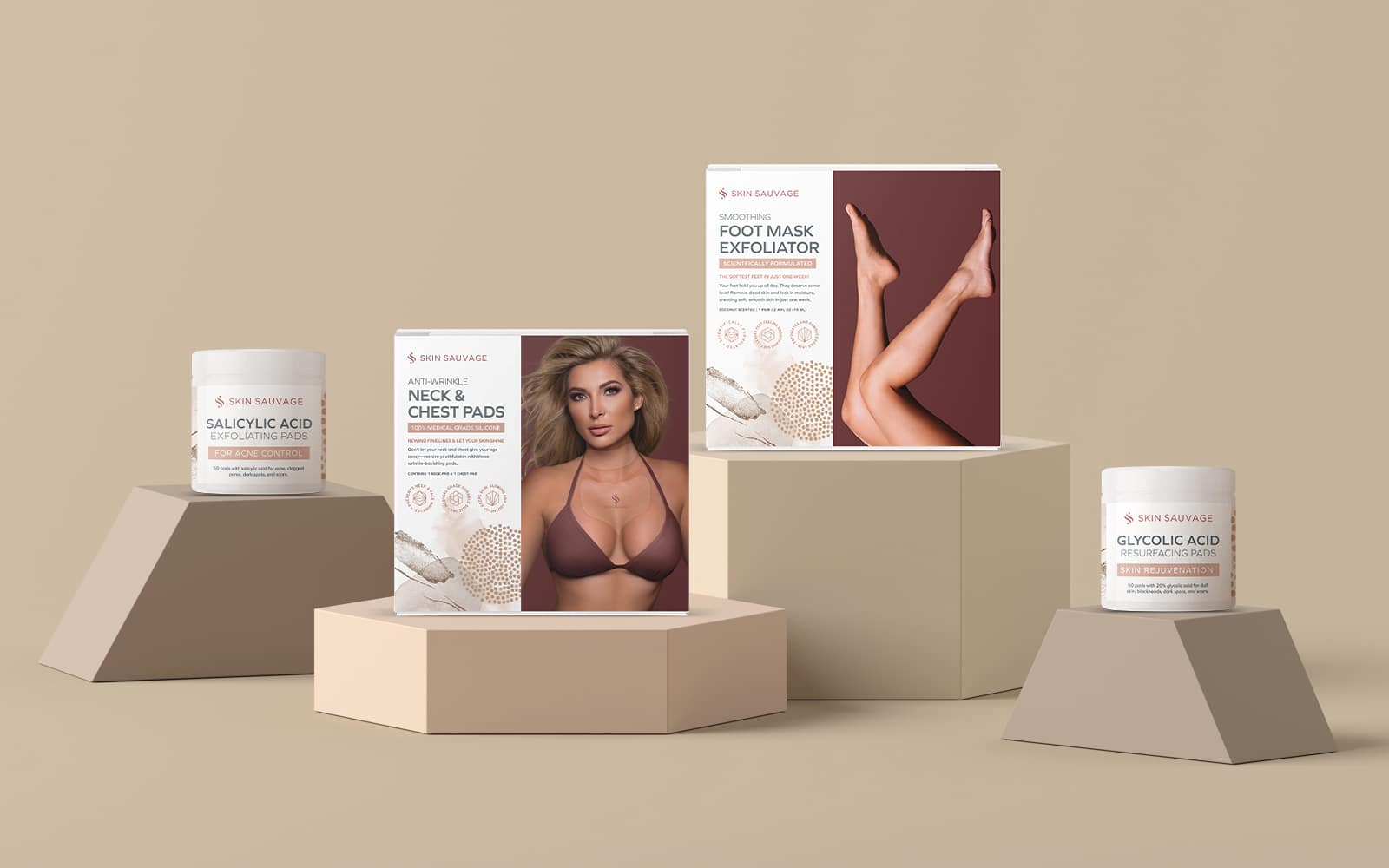 Skin Sauvage skin care packaging with tan background and minimalist packaging.