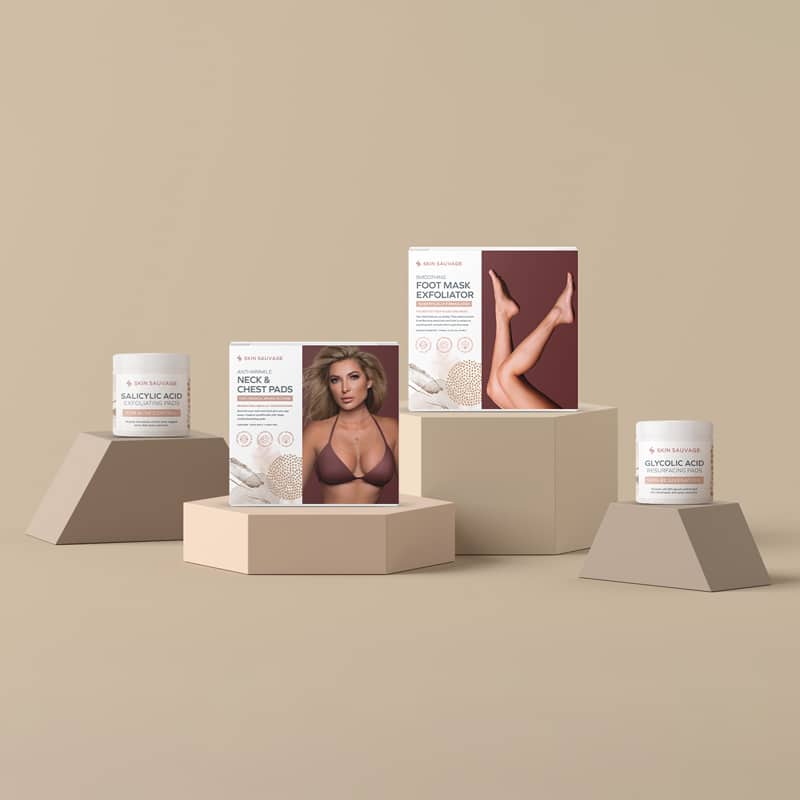 Skin Sauvage skin care packaging with tan background and minimalist packaging.