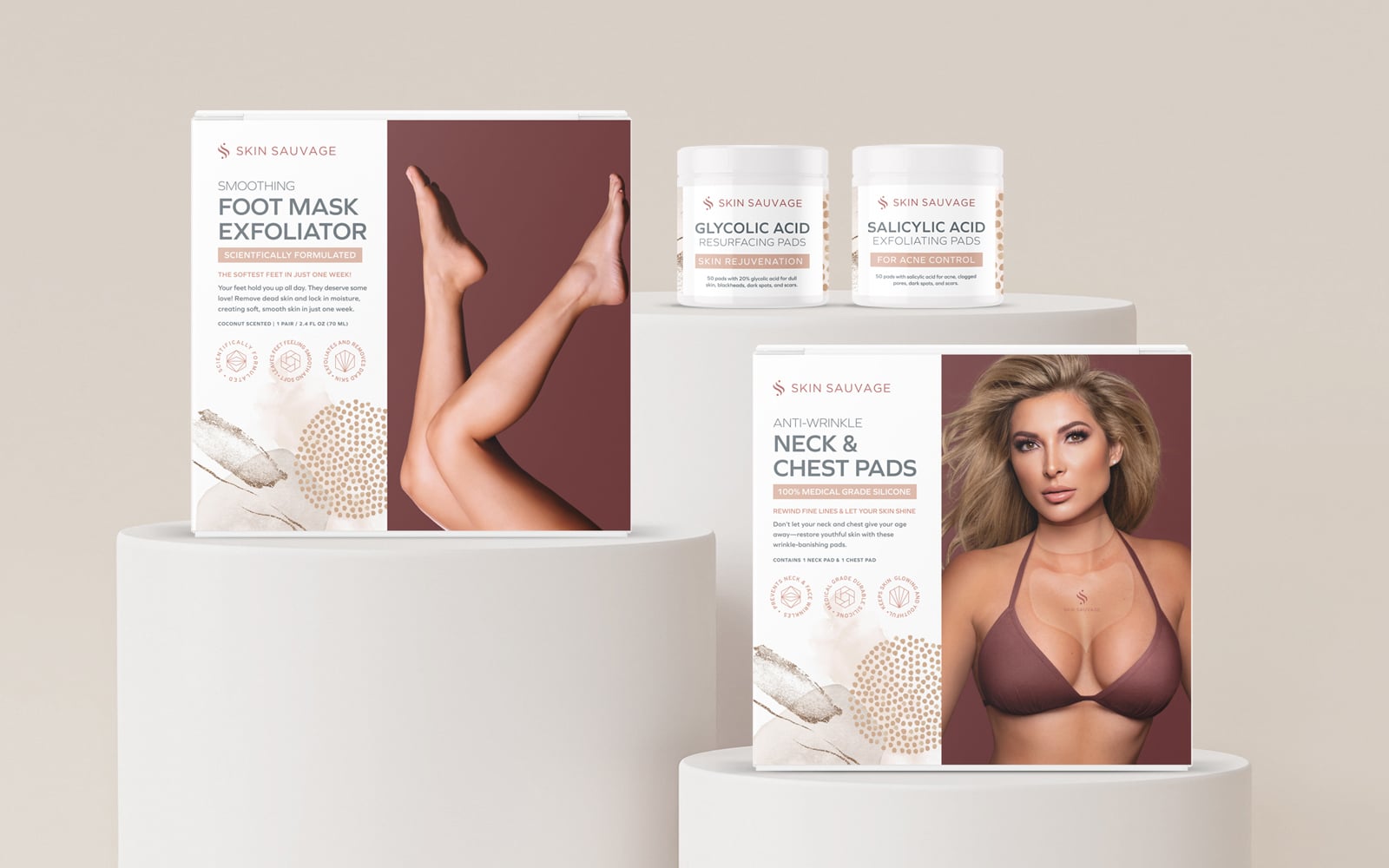 Final designs of Marina Dedivanovic’s new skincare product line of exfoliating face, chest, neck, and foot pads with newly designed logos, branding, and packaging