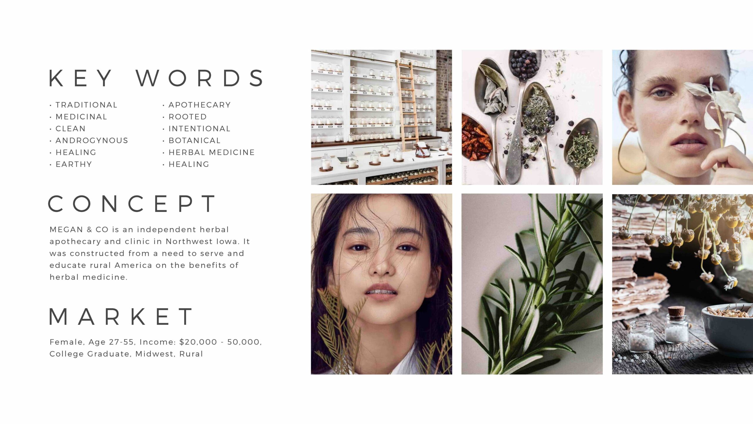 Megan Co the Herbal Apothecary brand presentation with keywords, concept, and market as well as earthy images.