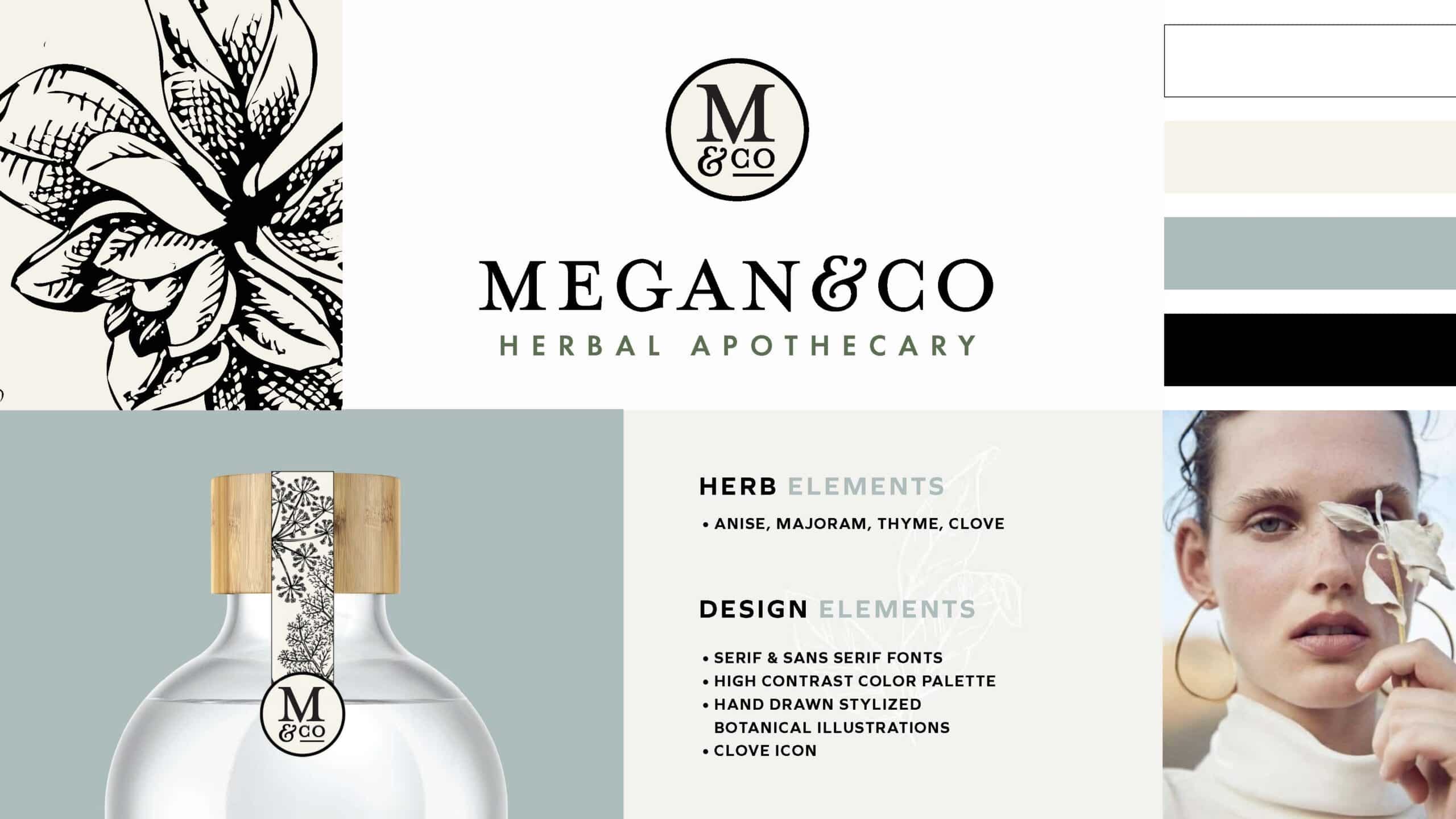 Megan Co the Herbal Apothecary brand presentation with logo, illustrations, blue earthy color palette, and packaging label on a glass bottle and bamboo lid.