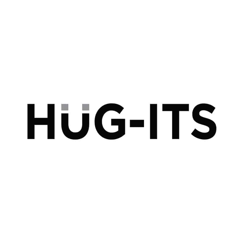 Hug-its cosmetic logo design featuring the “u” as a magnet and bold black and gray sans serif font.