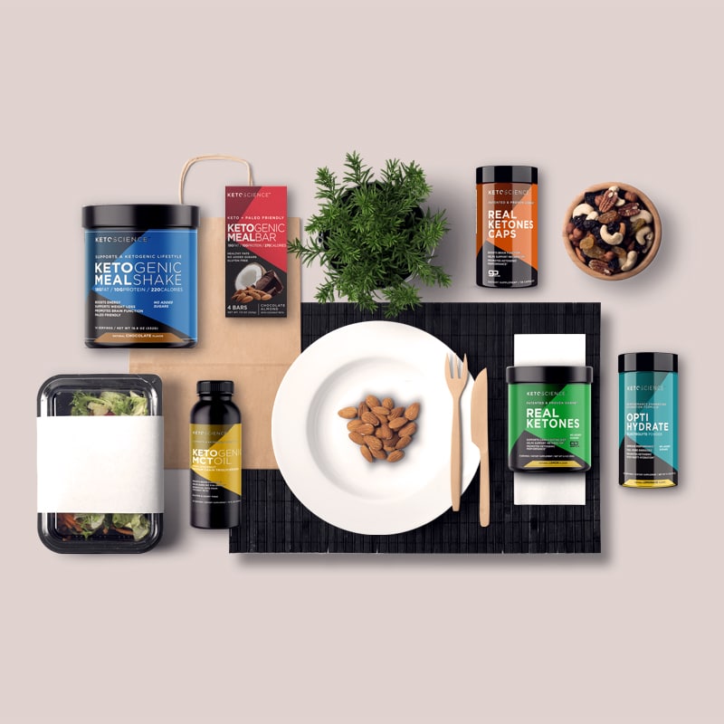 Keto Science supplement package design for product assortment with a plate and take-out items, featured on a grey background.