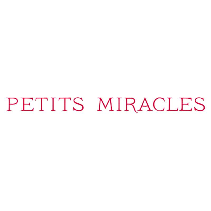 Petits Miracles logo design using serif font with a slight curvature in the lettering and strawberry red font.