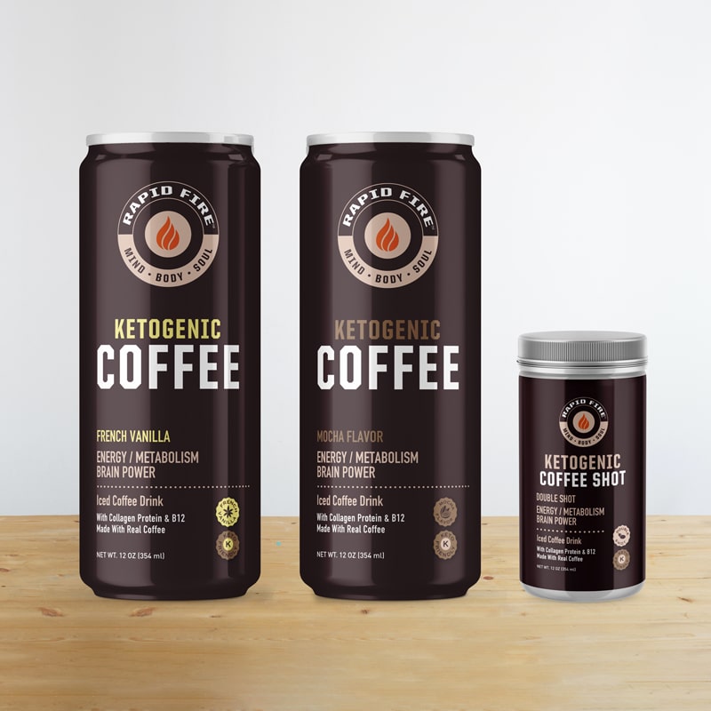 Rapid Fire ketogenic coffee packaging design with two cans and one coffee shot container on a light wood surface and light grey background.