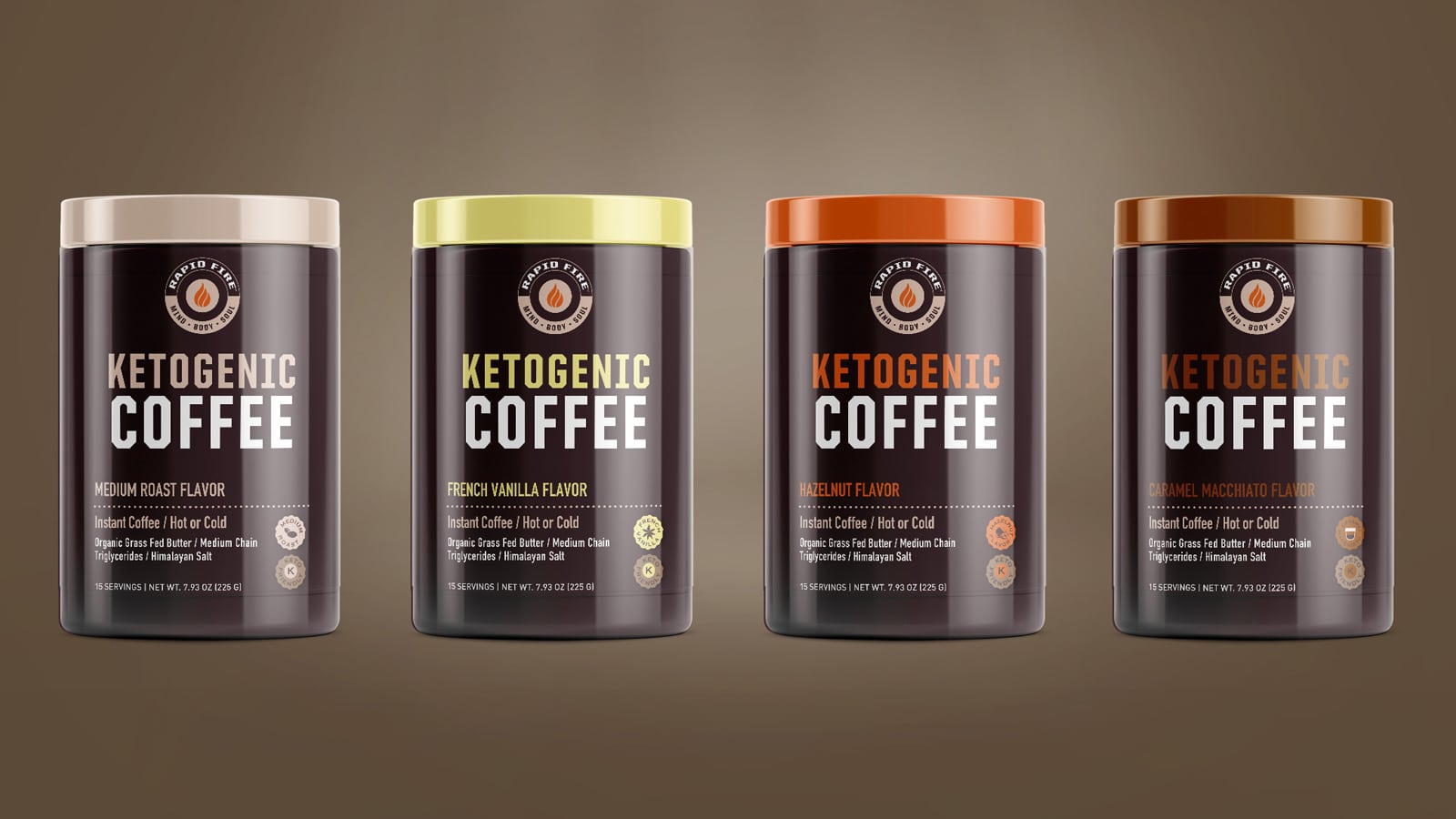 Rapid Fire ketogenic coffee packaging design with pops of color for the lids and brown containers arranged in a line.