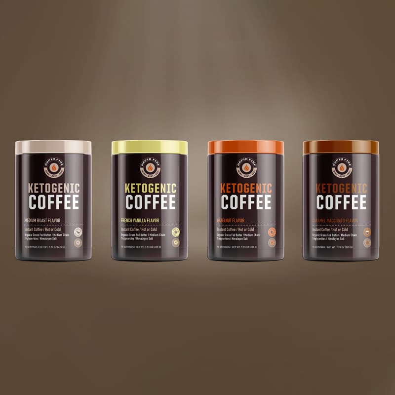 Rapid Fire ketogenic coffee packaging design with pops of color for the lids and brown containers arranged in a line.