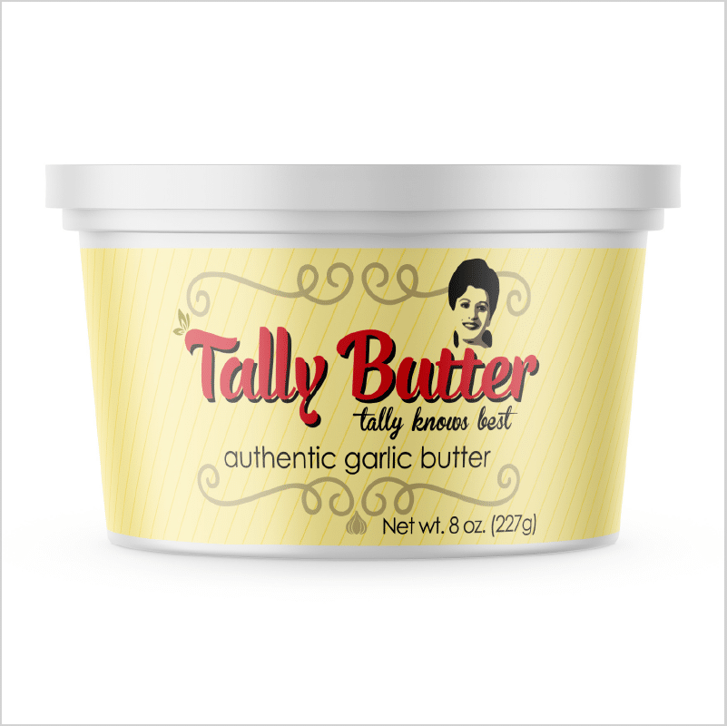 Tally butter packaging design with logo over soft yellow canister and swirls and garlic clove design elements.