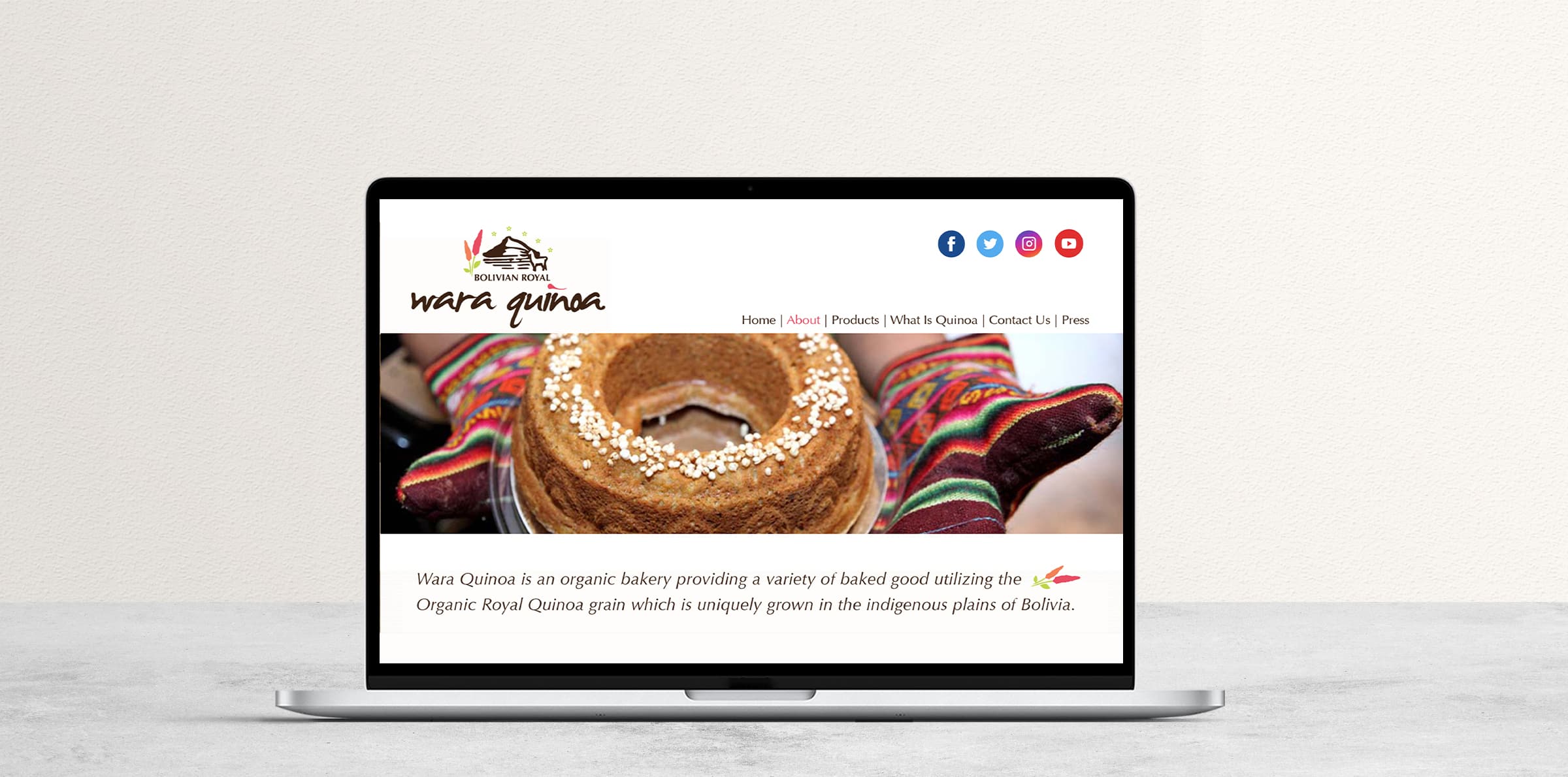 The aesthetic website design highlighting the origin of the brand and the natural, healthy process that goes into the creation of both the quinoa and the desserts themselves.