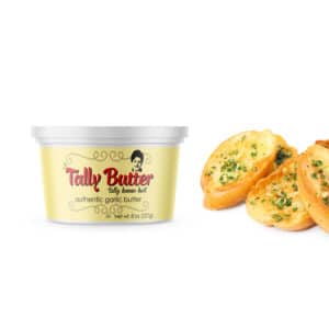 Tally Butter packaging design product placed alongside pieces of bread.