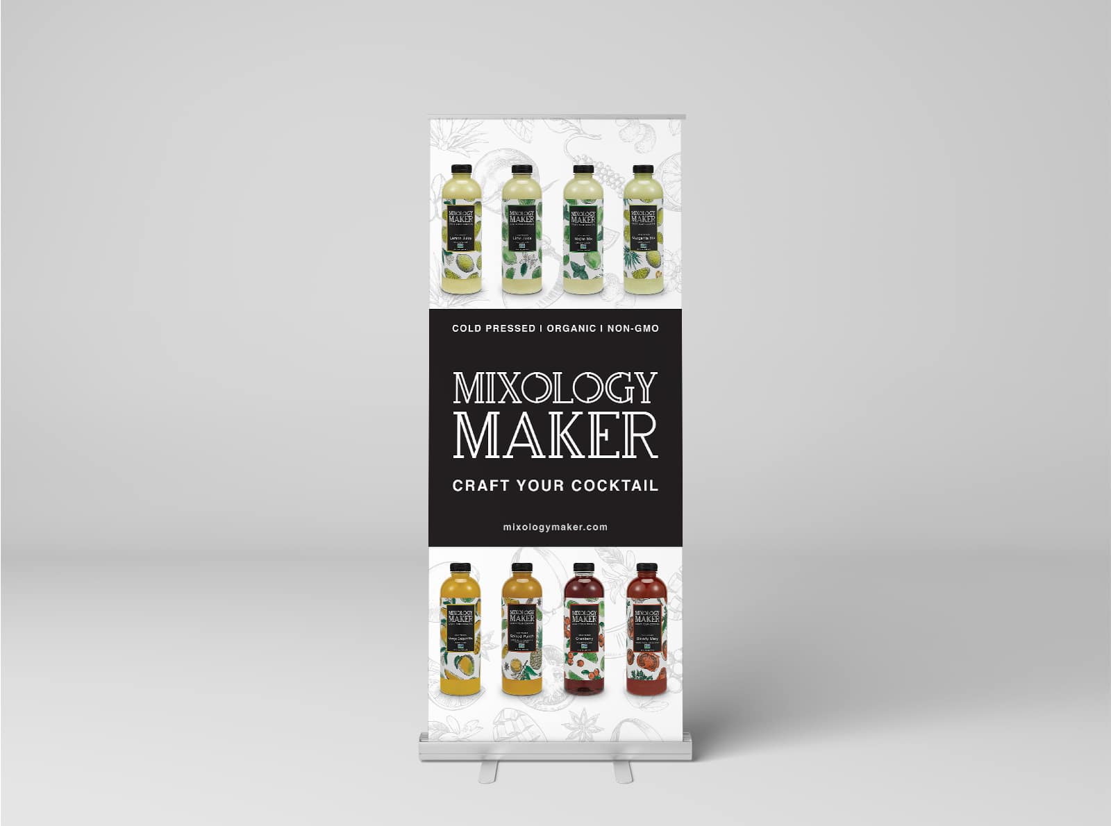 Mixology Maker banner design with black-and-white banded logo in the center and products lining the top and bottom.
