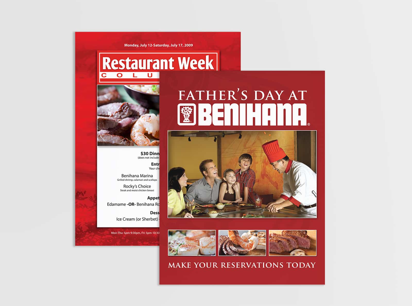 Benihana food brand design featuring Lunch Break and Complimentary Delivery flyers in red.