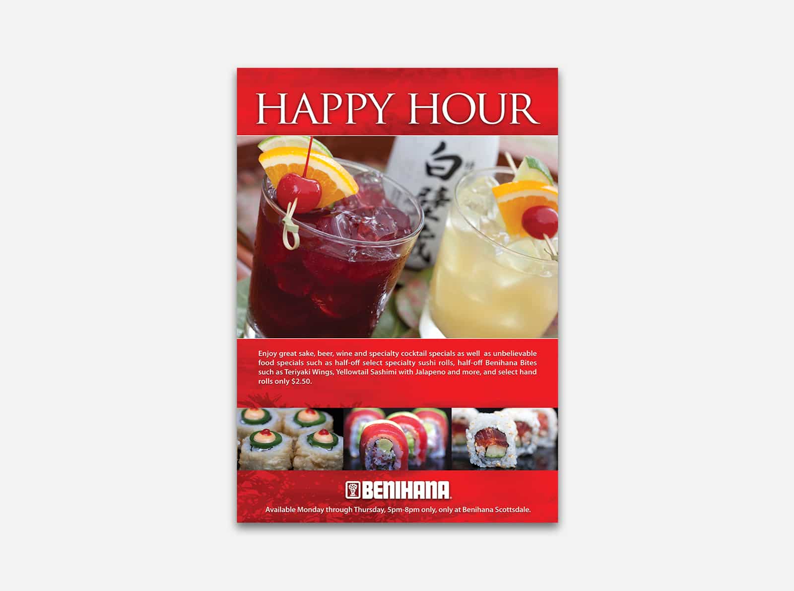 Benihana's restaurant graphic design for email marketing campaign featuring happy hour drinks promotion against grey backdrop.