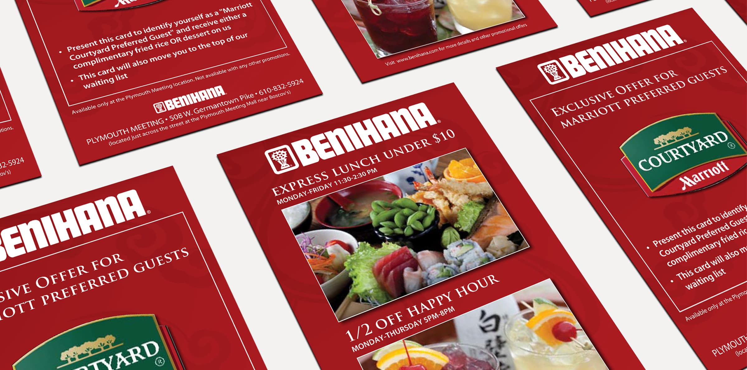 Benihana food brand design flyers for Marriott Preferred Guests arranged in diagonal rows against white backdrop.