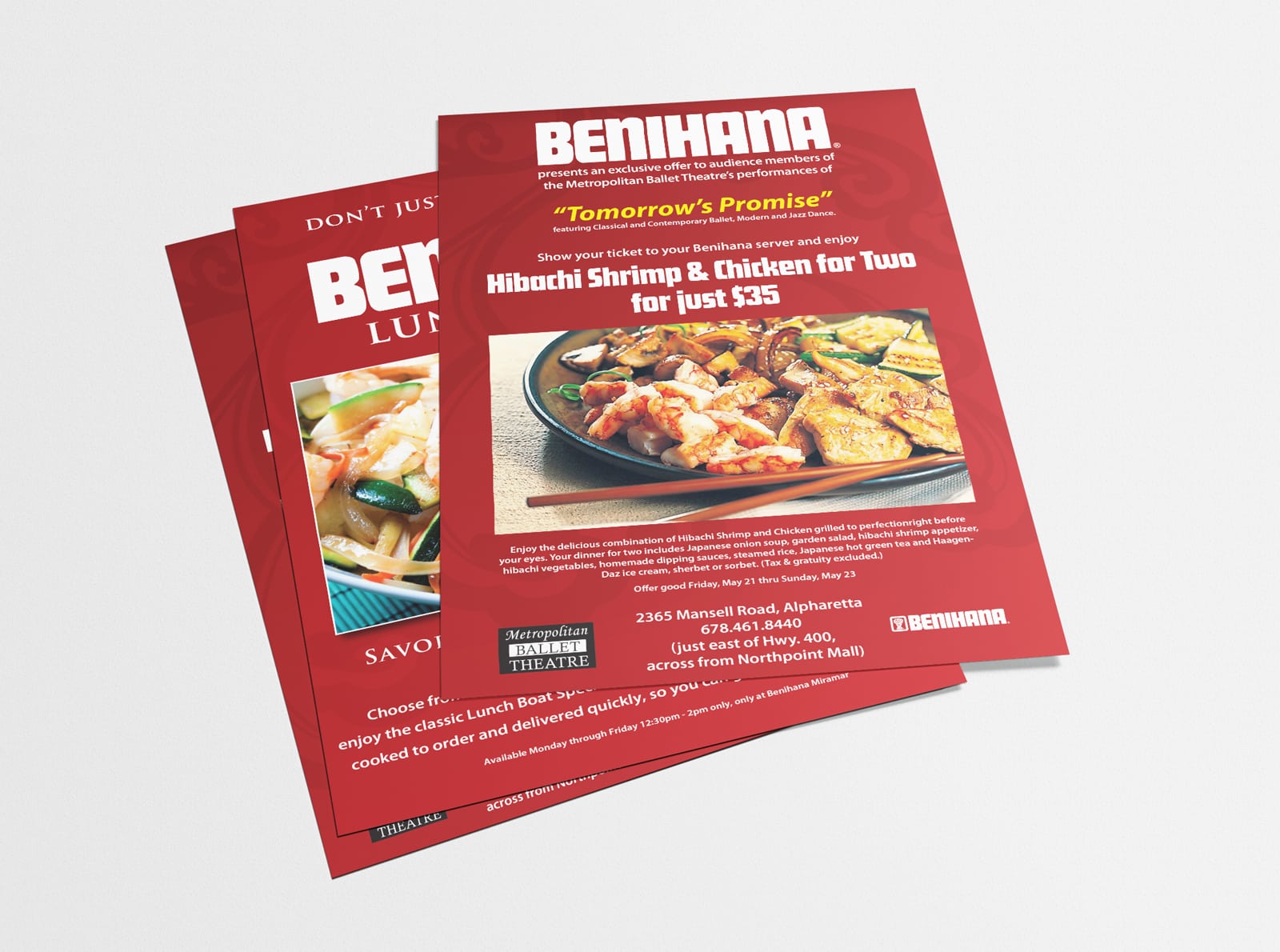 Benihana food brand design red poster featuring the restaurant's exclusive entree against grey backdrop.