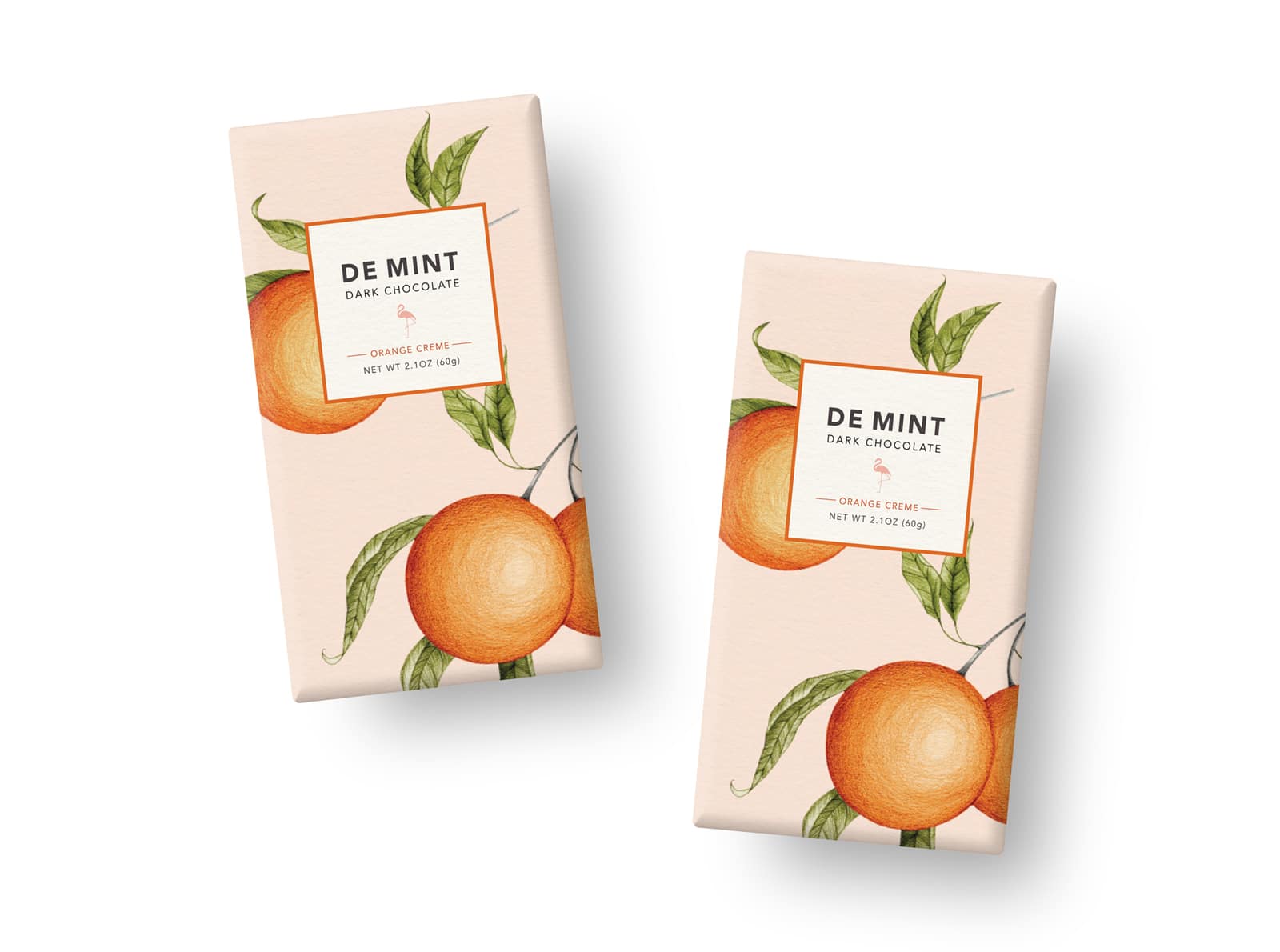 The chocolate bar packaging design features a muted pink background with pops of earthy green in the oranges highlighting the botanical essence of the illustrations.