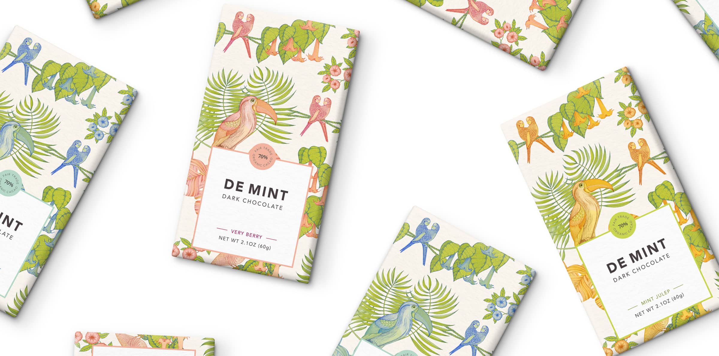 The chocolate bar packaging designs feature a colorful palette of muted colours.