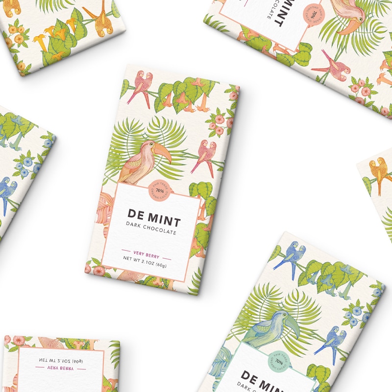 The chocolate bar packaging designs feature a colorful palette of muted colours.
