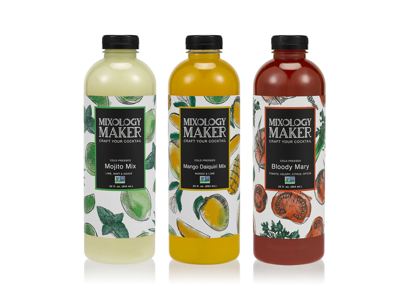 Mixology Maker drink packaging product design showing row of bottles with sleek logo and hand drawn fruits on each label.