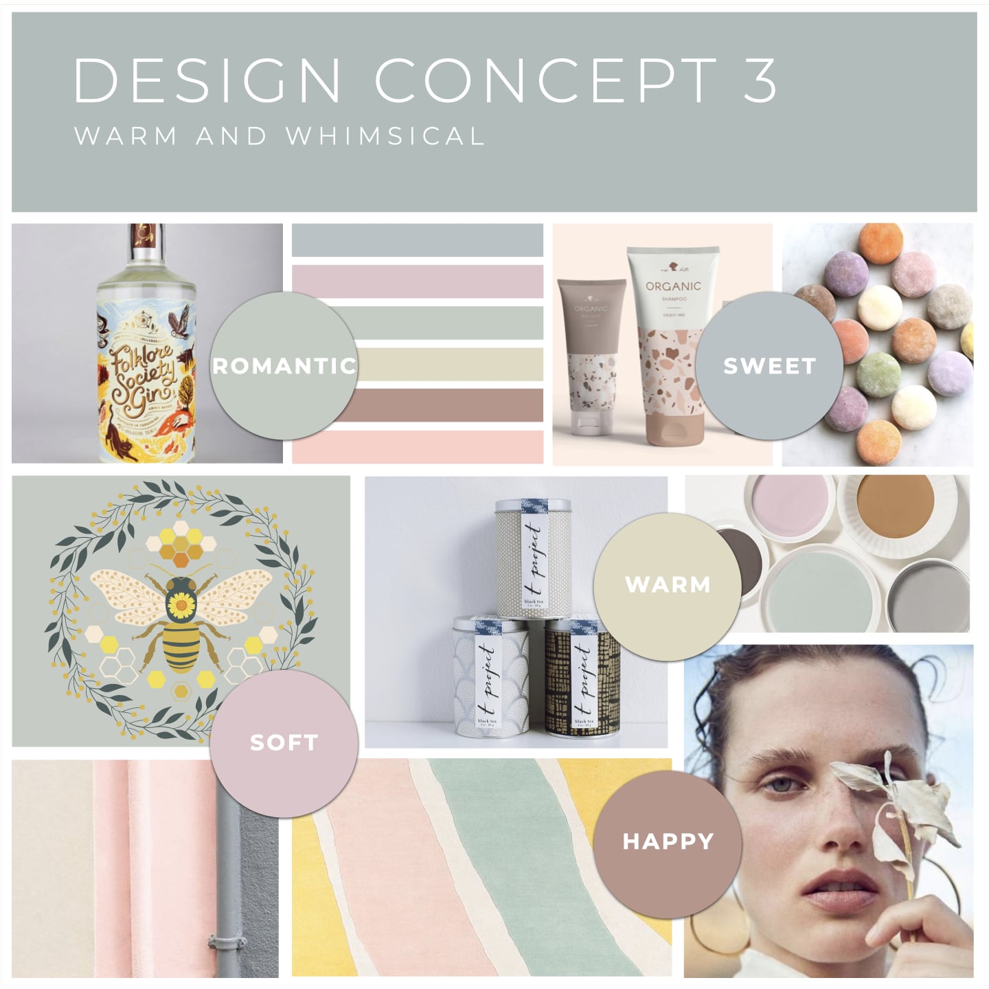 A mood board with pastel colors to be used in a branding project