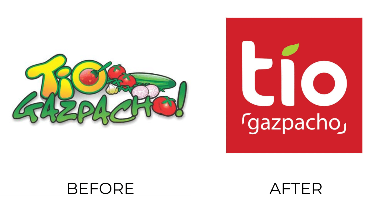 Old Tio Gazpacho logo with pieces of fruit and 90s spray paint text before rebranding, Rebranded Tio Gazpacho logo with custom typography and a modern complementary red, white, and green color scheme to resemble a tomato