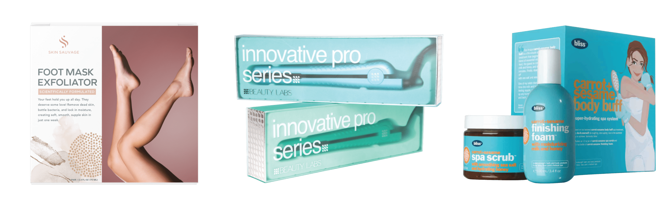 A foot mask exfoliation product with neutral tone branding and clean packaging design, Two hair straightener package variations in blue and green with bold font, Final designs of a newly branded product line consisting of a spa scrub, finishing foam, and body buff for Bliss Beauty