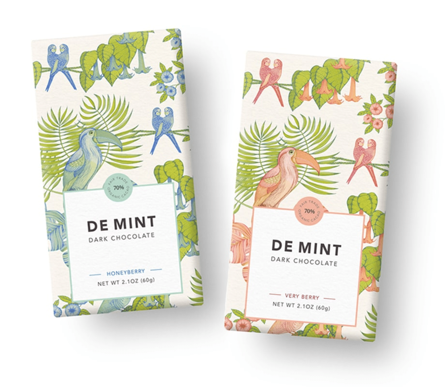 Two organic chocolate bar design concepts with tropical bird pattern backgrounds and modern fonts
