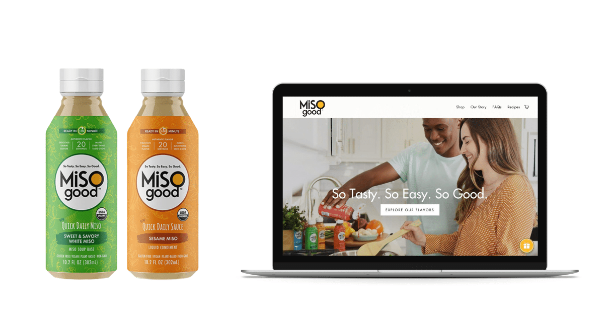 Two squeeze bottles of miso designed with aesthetically pleasing bright colors and easy-pour functionality, New homepage website design for a miso soup base and sauce company called MiSOgood, Tabletop sell sheet design featuring MiSOgood’s product line and range of uses
