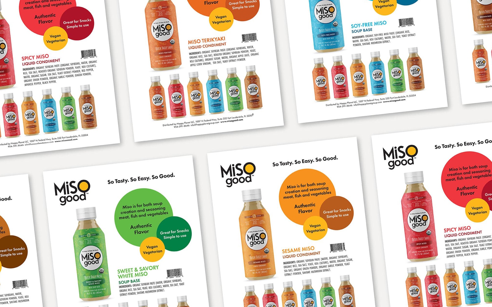 Collage of print design sell sheets for each flavor of a collection of squeezable miso products