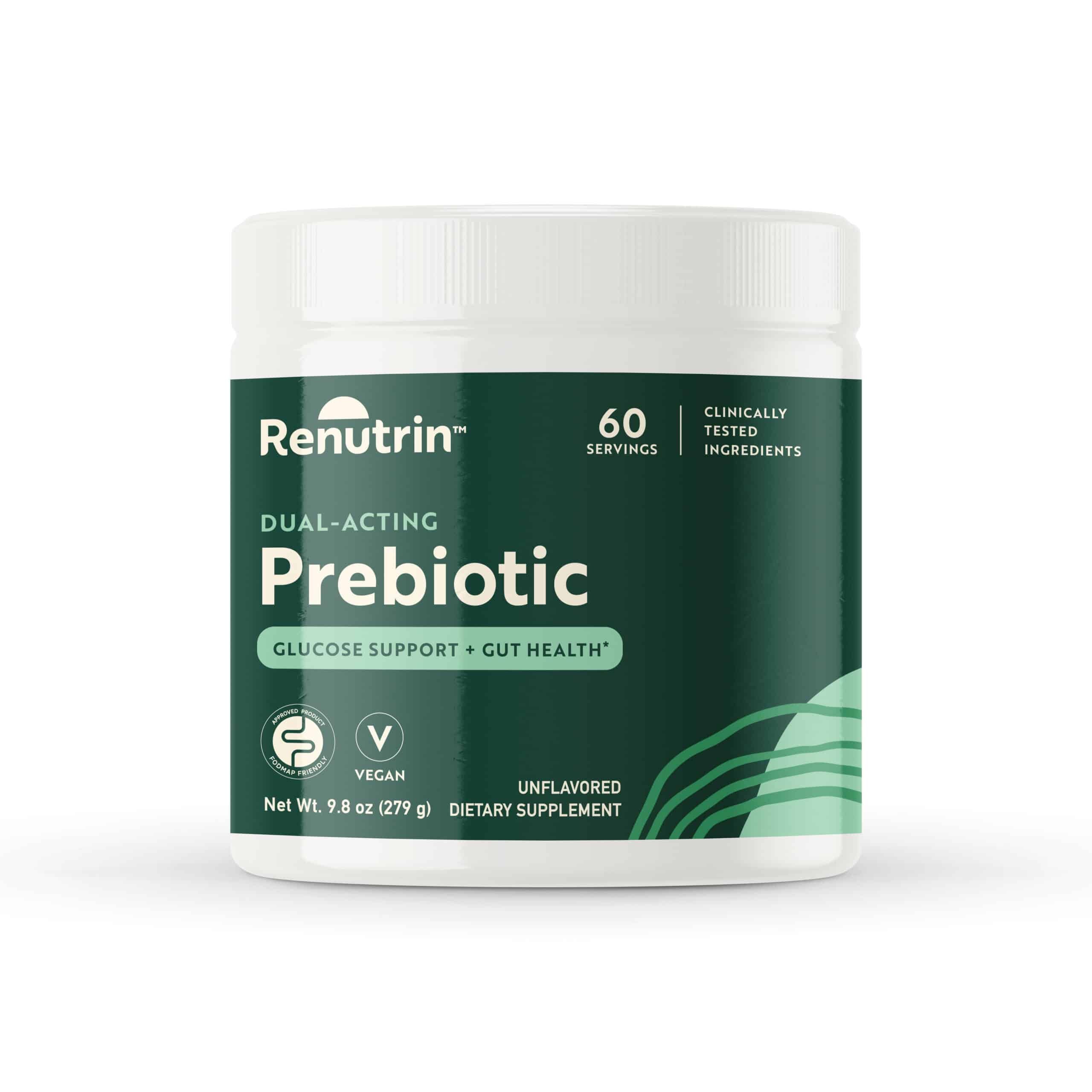 Renutrin Prebiotic Supplement Label Design is green, with light green elements and bold fonts.